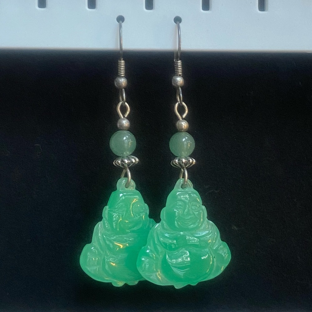 Green Jade Buddha Earrings NWOT
